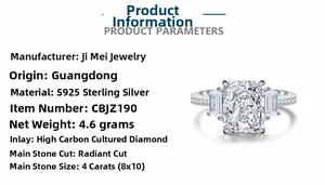 Detailed view of 4ct radiant cut high carbon diamond ring with S925 silver band