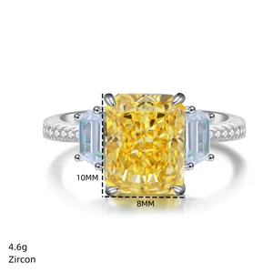 Detail of 4.6g S925 silver ring featuring 10x8mm yellow rectangle zircon and side stones