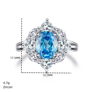 Detailed view of S925 silver ring featuring blue zircon and dimensions of 17.5mm x 15.7mm