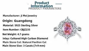 Detailed specs of S925 sterling silver ring with 3ct pink oval lab-grown diamond