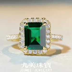 925 Sterling Silver Emerald Cut Green Zirconia Ring Gold Plated Halo Pave Statement Finger Ring For Women Jewelry