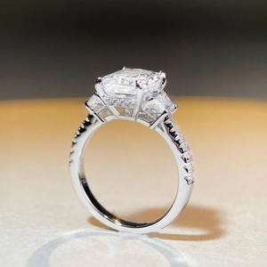 Radiant cut rectangular cubic zirconia S925 sterling silver ring with side stones