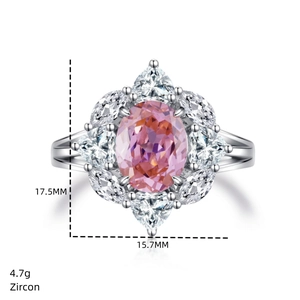 Detailed view of S925 silver ring featuring pink zircon and floral cluster design