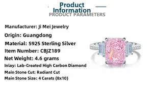 Detail of 4ct pink radiant cut S925 silver ring with technical specifications shown
