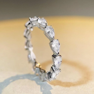 Sparkling S925 sterling silver eternity ring with pear-cut drop-shaped diamonds for women