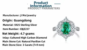 Detail view of S925 sterling silver ring with 3ct green gemstone and side diamonds