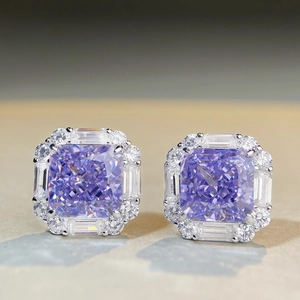 Elegant S925 sterling silver square earrings with lavender zircon and halo diamonds