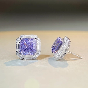 Luxurious S925 sterling silver earrings with purple square stone and zircon halo