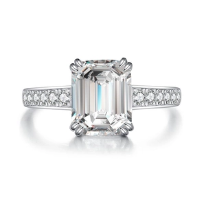 Elegant S925 sterling silver emerald cut princess square ring with halo accents