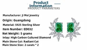 Détail de boucles d'oreilles en argent S925 avec pierres vert émeraude taille radiant