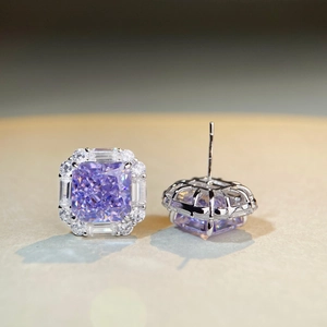 Square purple cubic zirconia halo stud earrings in S925 sterling silver settings