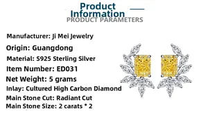 Détail de boucles d'oreilles en argent S925 avec diamants jaunes de 2ct à coupe rayonnante