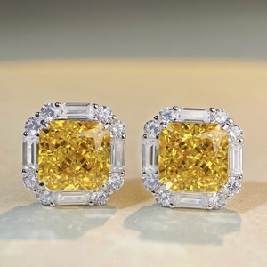 Luxurious S925 silver halo earrings featuring square yellow zircon with baguette stones