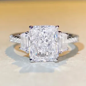 Luxurious 925 Sterling Silver Radiant Cut Rhinestone Ring Three Stone Rectangular Ice Cut Engagement Ring For Women Fashion Jewelry