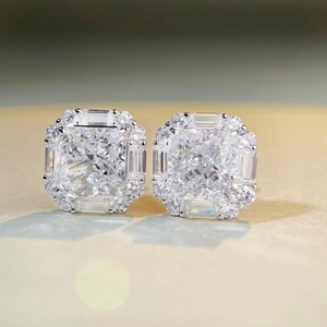 Sparkling S925 sterling silver square stud earrings with halo radiant cut cubic zirconia