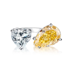 S925 sterling silver open ring with heart white and pear yellow zircon stones