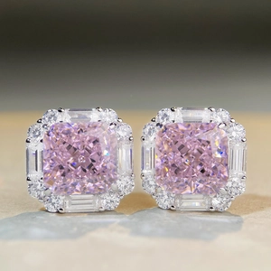 Sparkling S925 silver stud earrings with square radiant-cut pink gemstones and halos