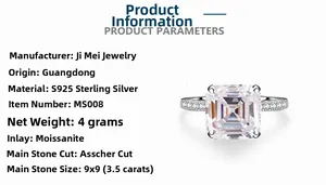Detailed view of 3.5 carat Asscher cut moissanite set in an S925 sterling silver ring