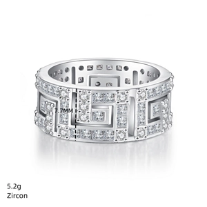 Detail of 7.7mm wide S925 silver ring with Greek key pattern and sparkling zircons