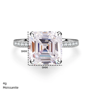 Macro view of 9mm Asscher cut moissanite ring with S925 silver pavé band details