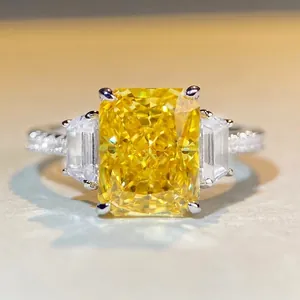 Luxurious 925 Sterling Silver Three Stone Ring Radiant Cut Yellow Pink Zirconia Wedding Engagement Ring For Women Jewelry