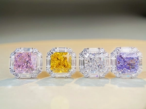 Macro shot of S925 silver stud earrings with square-cut ice flower colorful zircons