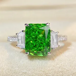 Bague en Argent Sterling 925 avec Zirconia Rectangulaire pour Femme Elégante Trois Pierres Taille Radiant Glace Vert Jaune Rose Blanc Bijoux Cadeau