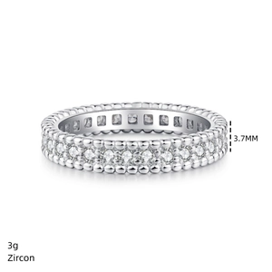 Close-up of 3.7mm S925 silver eternity ring with zircon stones and beaded edges