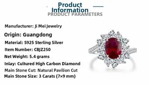 Macro view of S925 silver ring featuring 3ct oval ruby zircon with carbon diamond halo