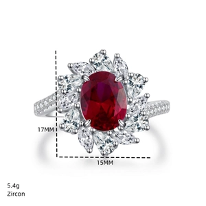 Detailed view of S925 silver flower ring with red gemstone, zircons and measurements