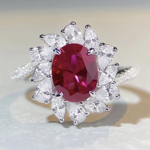 Luxurious S925 sterling silver ring with oval ruby center and pear-cut white zircons