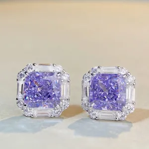 925 Sterling Silver Square Rhinestone Stud Earrings Luxurious Radiant Cut Purple Pink Yellow Stone Jewelry For Women