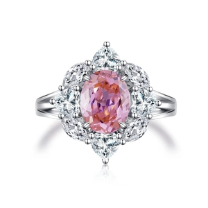 Elegant S925 silver ring featuring a pink oval gemstone with floral halo setting