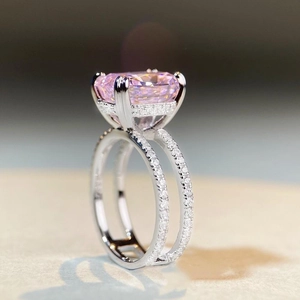 Bague élégante en argent S925 avec grand zircon rose coupe glace et pavé de diamants