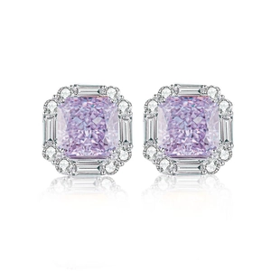 S925 sterling silver stud earrings featuring large pink radiant cut halo gemstones