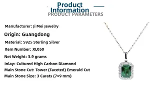 Detail of S925 sterling silver necklace with a 3ct emerald-cut green high carbon diamond