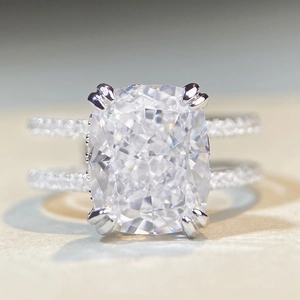 Elegant S925 sterling silver cushion-cut diamond ring with double-row micro-pave bands