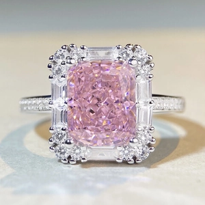 Luxury cushion cut pink zircon ring in 925 sterling silver with double halo pave diamonds