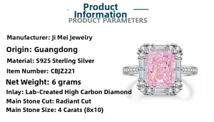 Detailed view showing 8x10mm 4ct pink radiant cut zircon ring with S925 silver specs