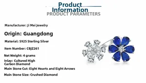 Detail of S925 sterling silver flower ring with blue zirconia and heart and arrow cut