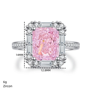 Detailed close-up of pink zircon ring featuring 14mm square stone and silver band