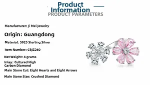 Detail view of S925 sterling silver ring with pink flower zircons and heart and arrow cut