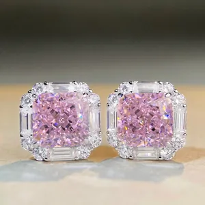 Lussuosi Orecchini a Bottone in Argento Sterling 925 Taglio Radiant Strass Rosa Quadrato Halo Intarsiato Gioielli per Donna