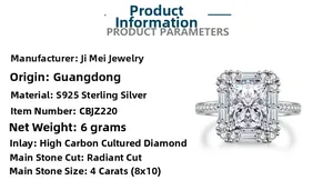 Detail specifications of S925 sterling silver ring with 4ct radiant cut gemstone