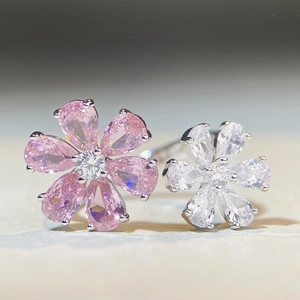 S925 sterling silver open ring with pink and white zirconia flowers for women