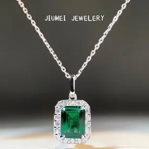 925 Sterling Silver Emerald Cut Green Gemstone Necklace With Rhinestone Halo Rectangular Pendant Cross Layered Jewelry