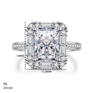 Macro view of halo sterling silver ring with 14x12.8mm radiant cut zircon and 6g weight