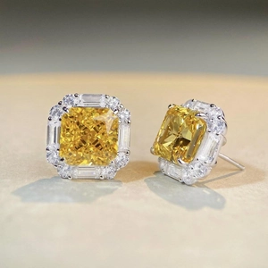 Square yellow zircon stud earrings with radiant halo and S925 sterling silver base