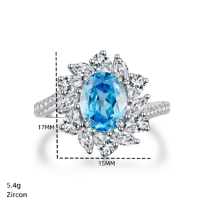 Detail view of flower cluster ring with 17mm oval blue zircon and S925 silver finish