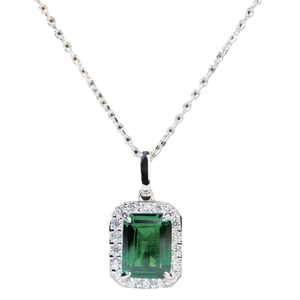 S925 sterling silver emerald cut green stone pendant necklace with halo of white zircons